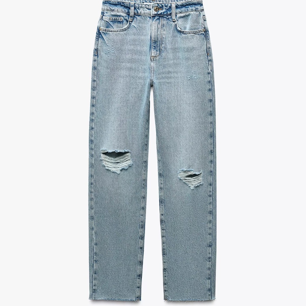 Zara Light Blue Boyfriend Jeans with Distressed Details Front and Back